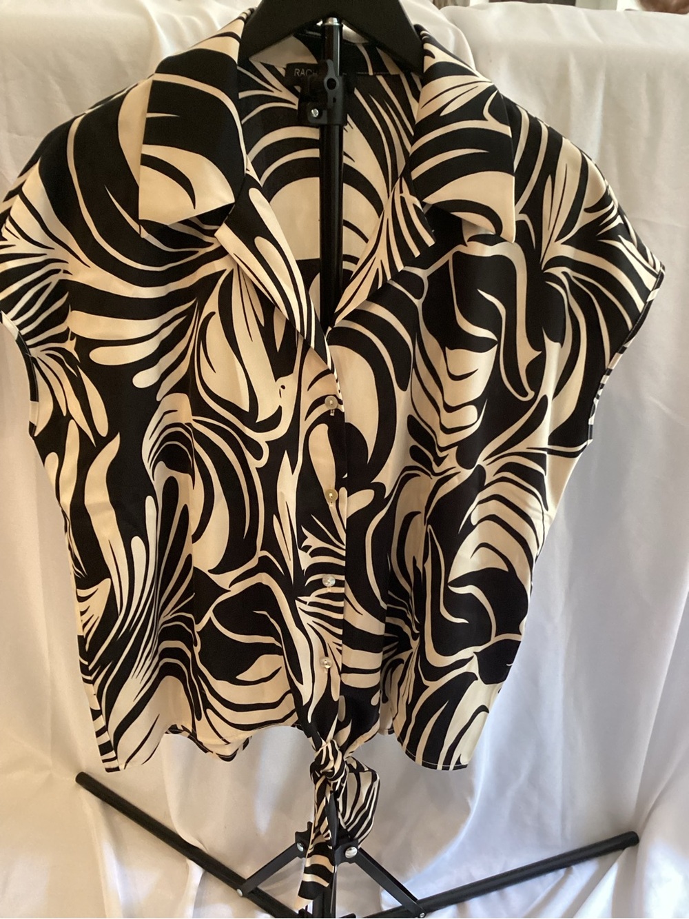 Rachel Zoe Black and Cream Abstract Tie-Front Top